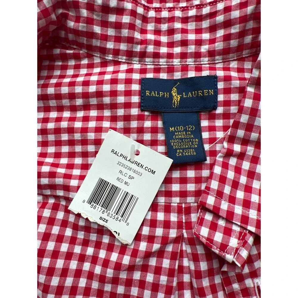Ralph Lauren Shirt Boy M 10/12 Gingham Plaid Check Red White Blue Pony Button LS